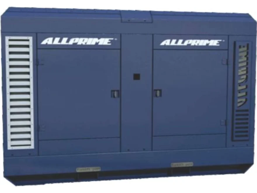 Motobomba AllPrime de escorva automática em skid cabinado, com o wordmark ALLPRIME